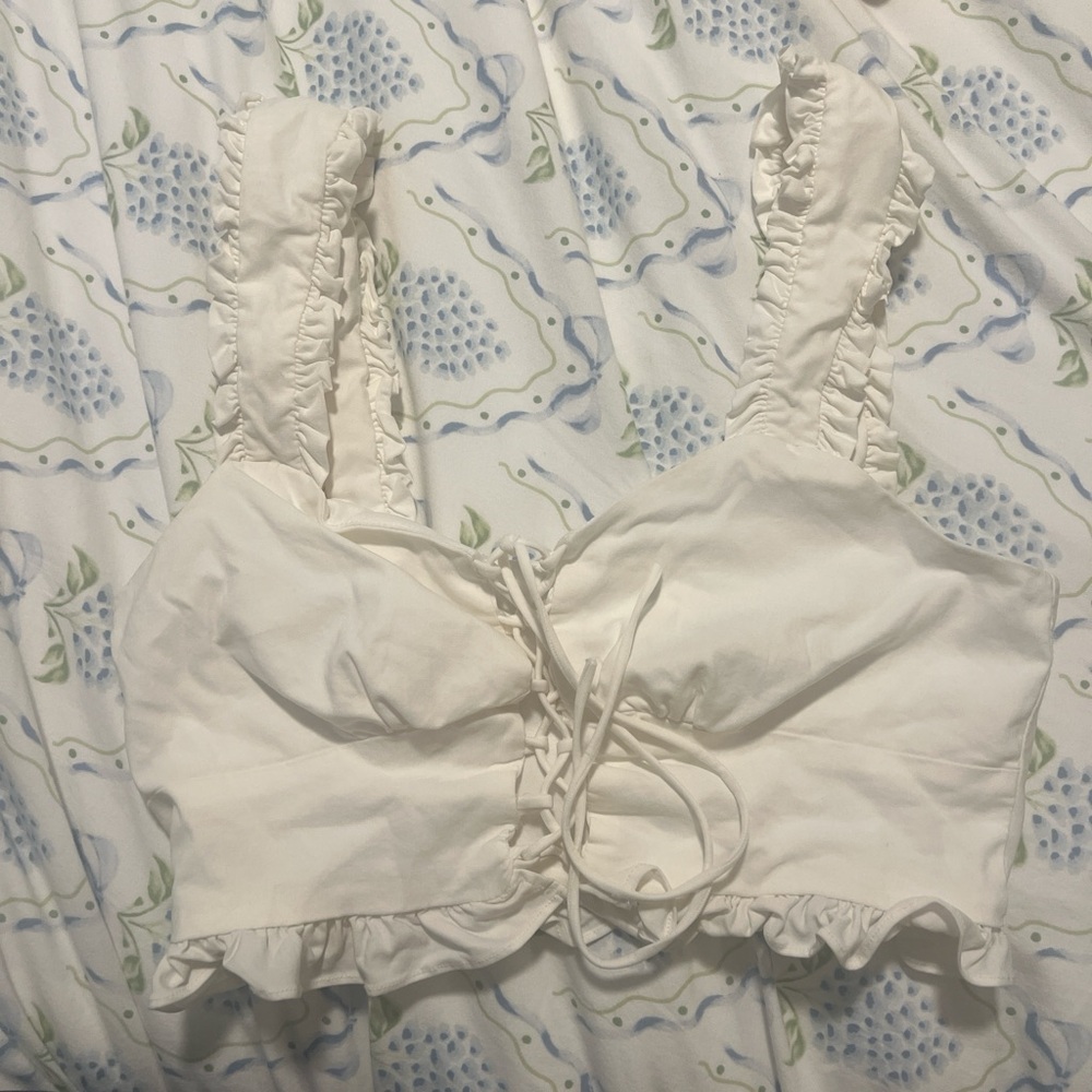 White Ruffle Tie-Front Crop Top